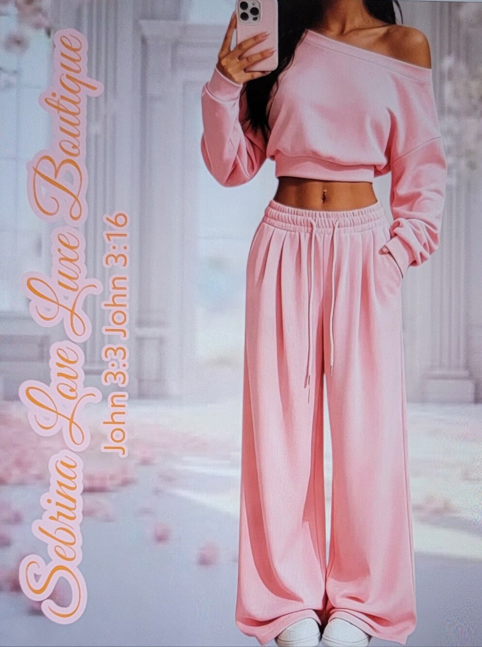 Cute Cozy Soft Pink Cropped Sweatshirt & Wide-Leg Jogger Loungewear Set